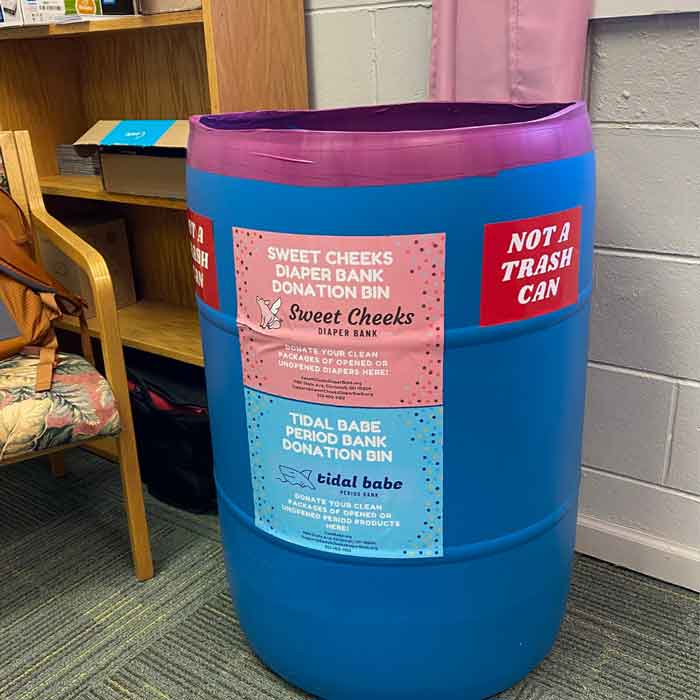 Find a diaper drop off bin benefitting Sweet Cheeks Diaper Bank.